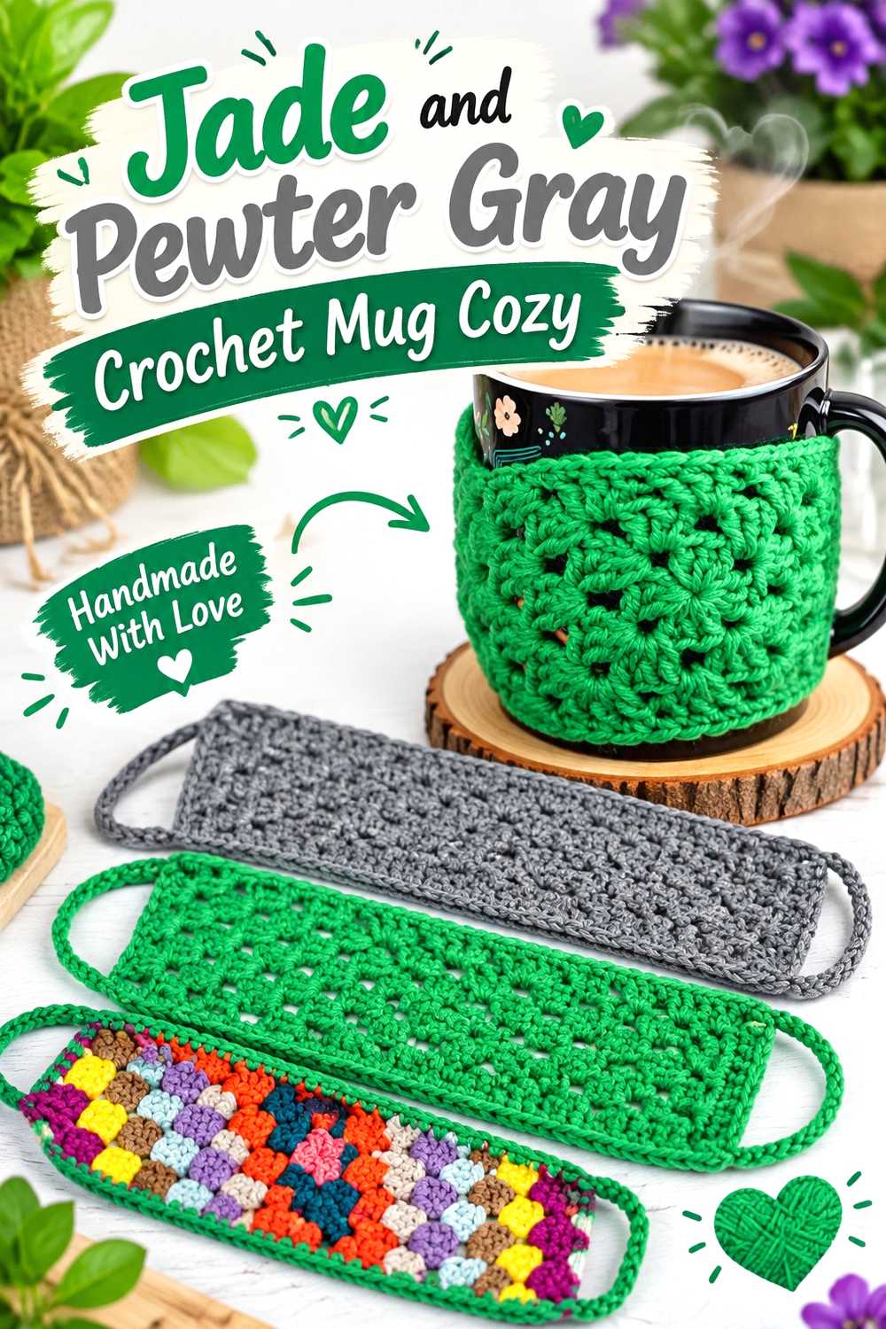 14. Jade And Pewter Gray Crochet Mug Cozy