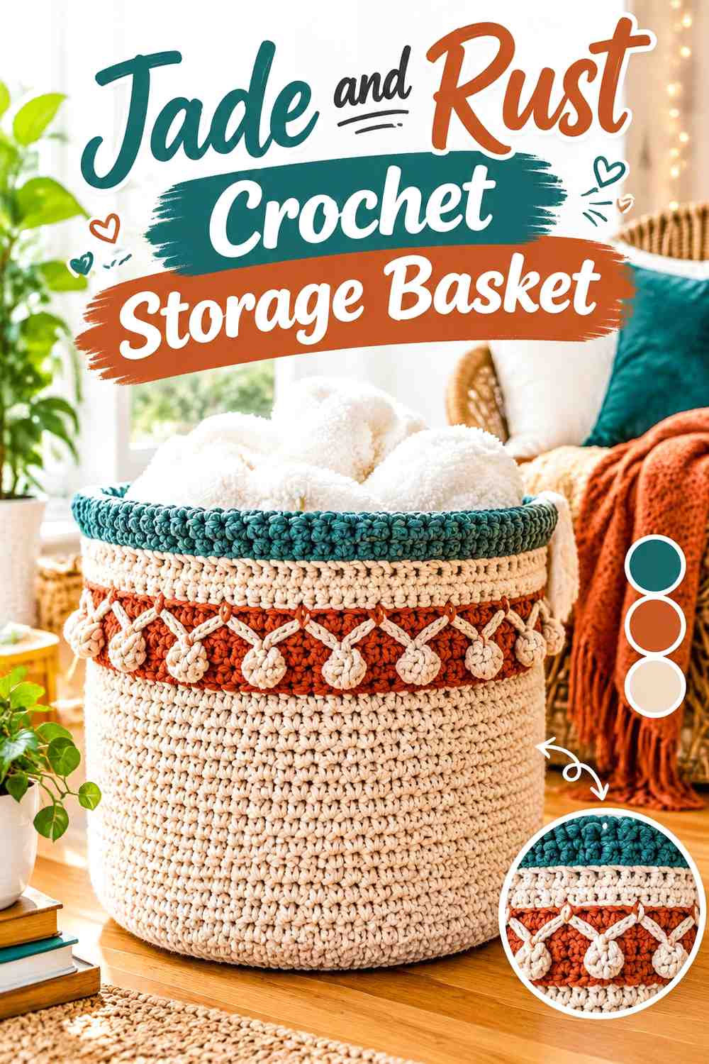 5. Jade And Rust Crochet Storage Basket