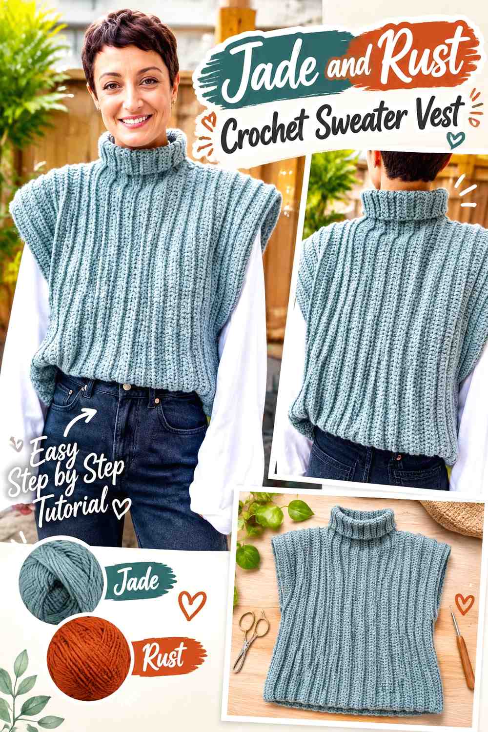 13. Jade And Rust Crochet Sweater Vest