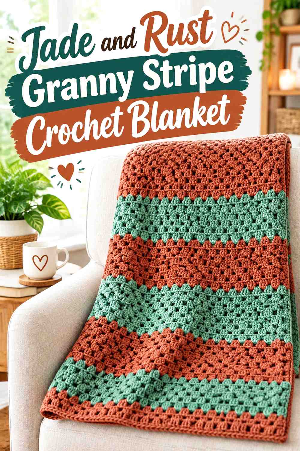1. Jade And Rust Granny Stripe Crochet Blanket
