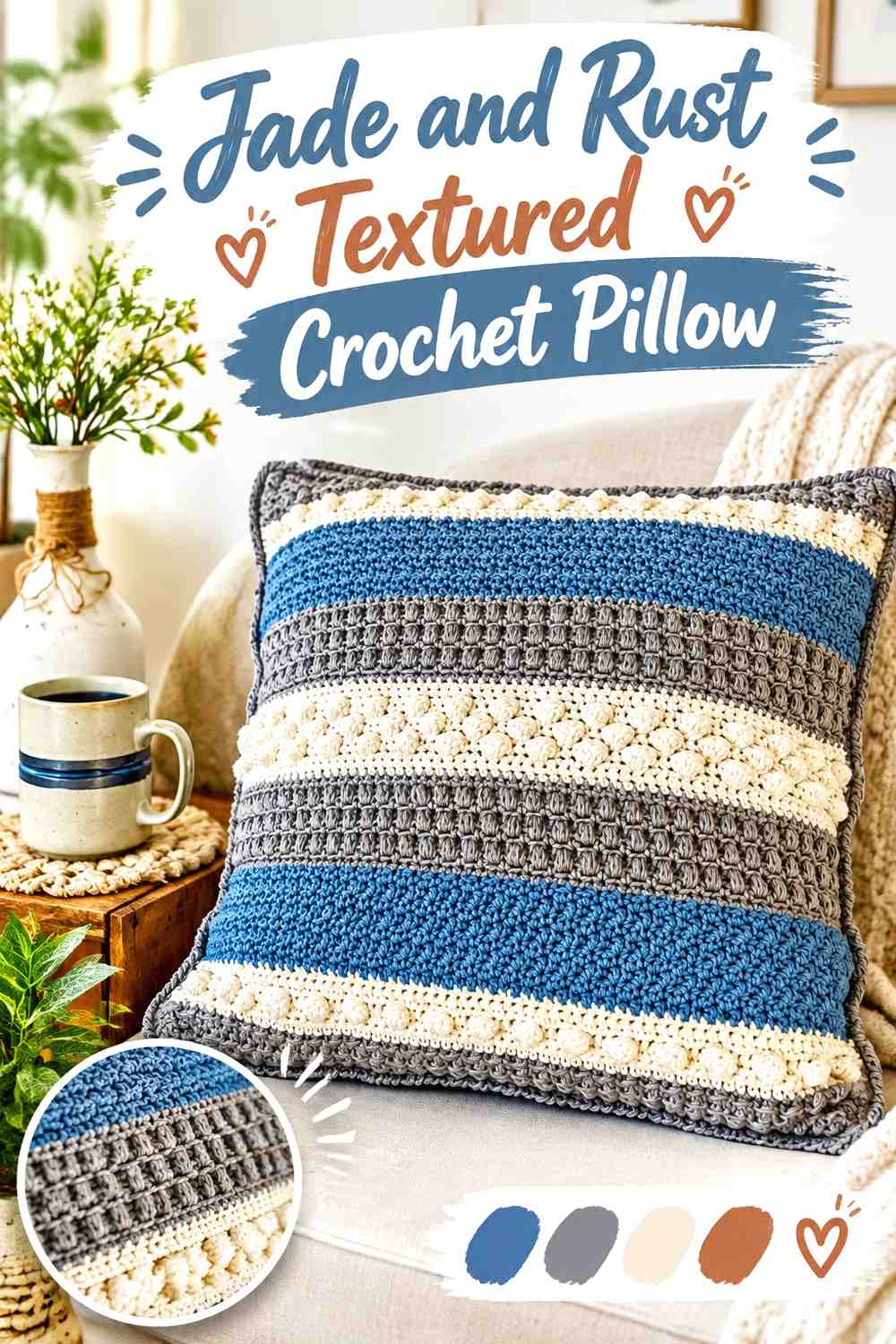 16. Jade And Rust Textured Crochet Pillow
