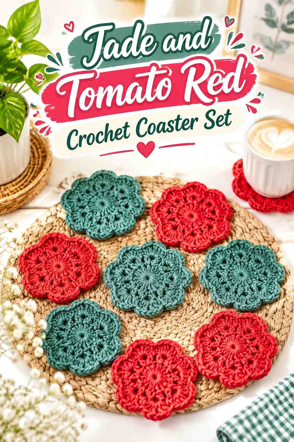 16. Jade And Tomato Red Crochet Coaster Set