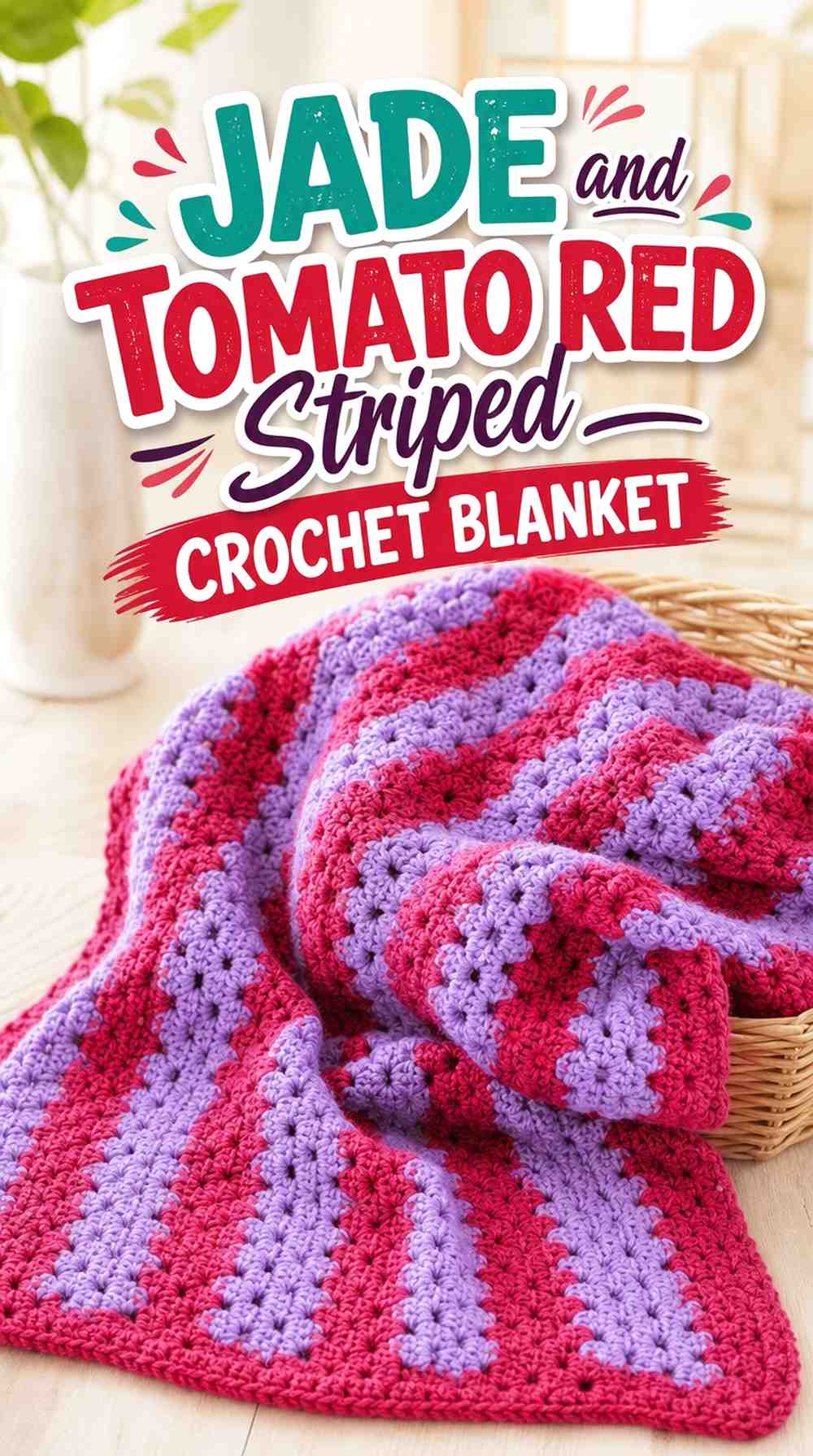 1. Jade And Tomato Red Striped Crochet Blanket