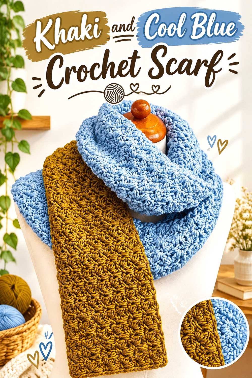 4. Khaki And Cool Blue Crochet Scarf