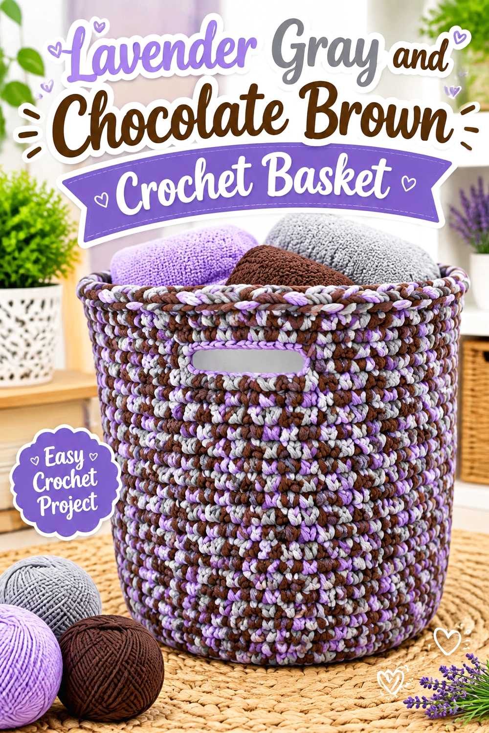 8. Lavender Gray And Chocolate Brown Crochet Basket