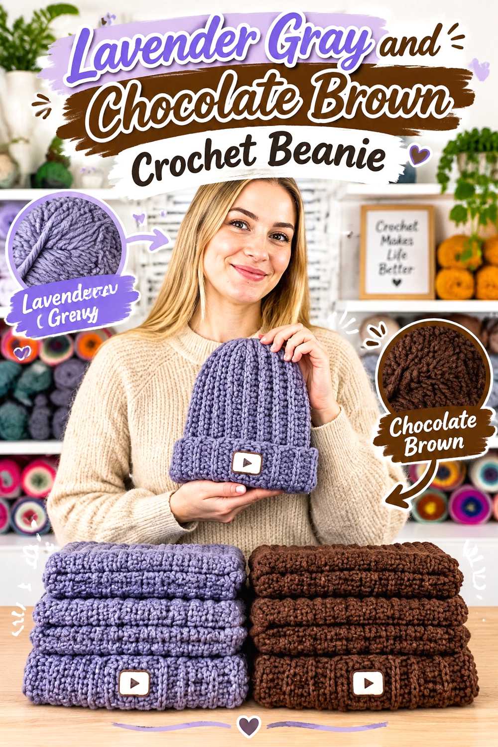 6. Lavender Gray And Chocolate Brown Crochet Beanie