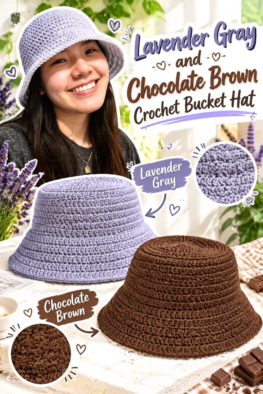 4. Lavender Gray And Chocolate Brown Crochet Bucket Hat