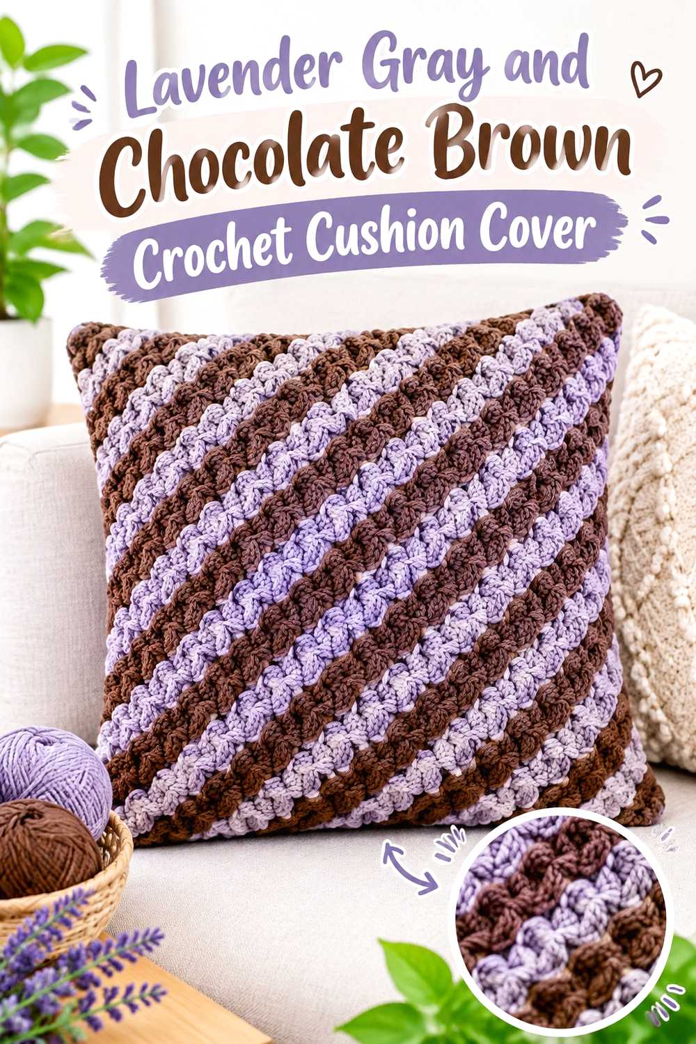 12. Lavender Gray And Chocolate Brown Crochet Cushion Cover