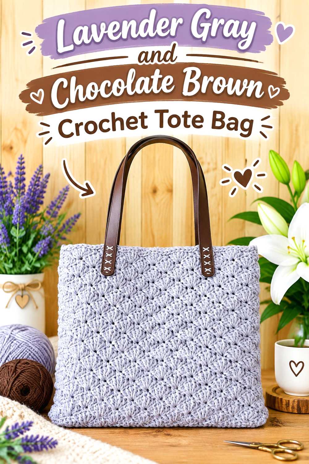 10. Lavender Gray And Chocolate Brown Crochet Tote Bag