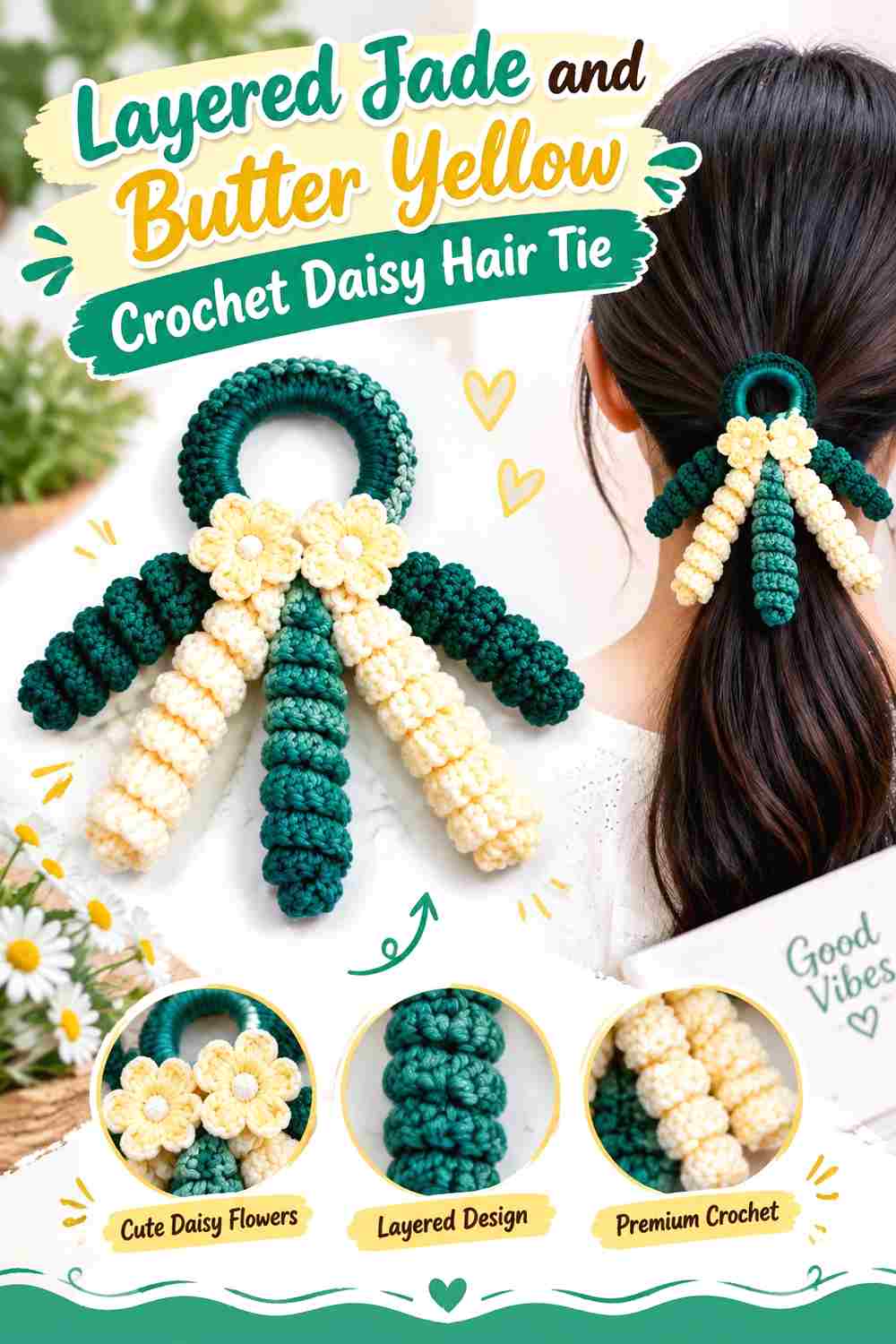 5. Layered Jade And Butter Yellow Crochet Daisy Hair Tie