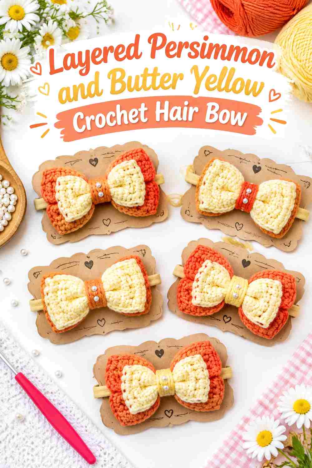 8. Layered Persimmon And Butter Yellow Crochet Hair Bow