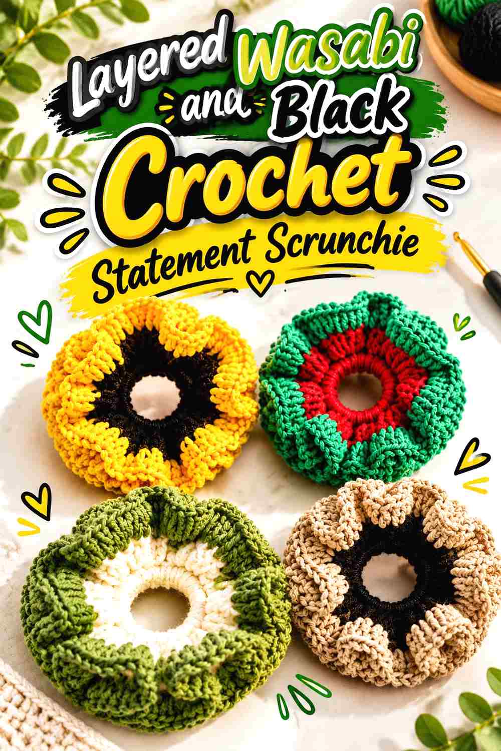 5. Layered Wasabi And Black Crochet Statement Scrunchie