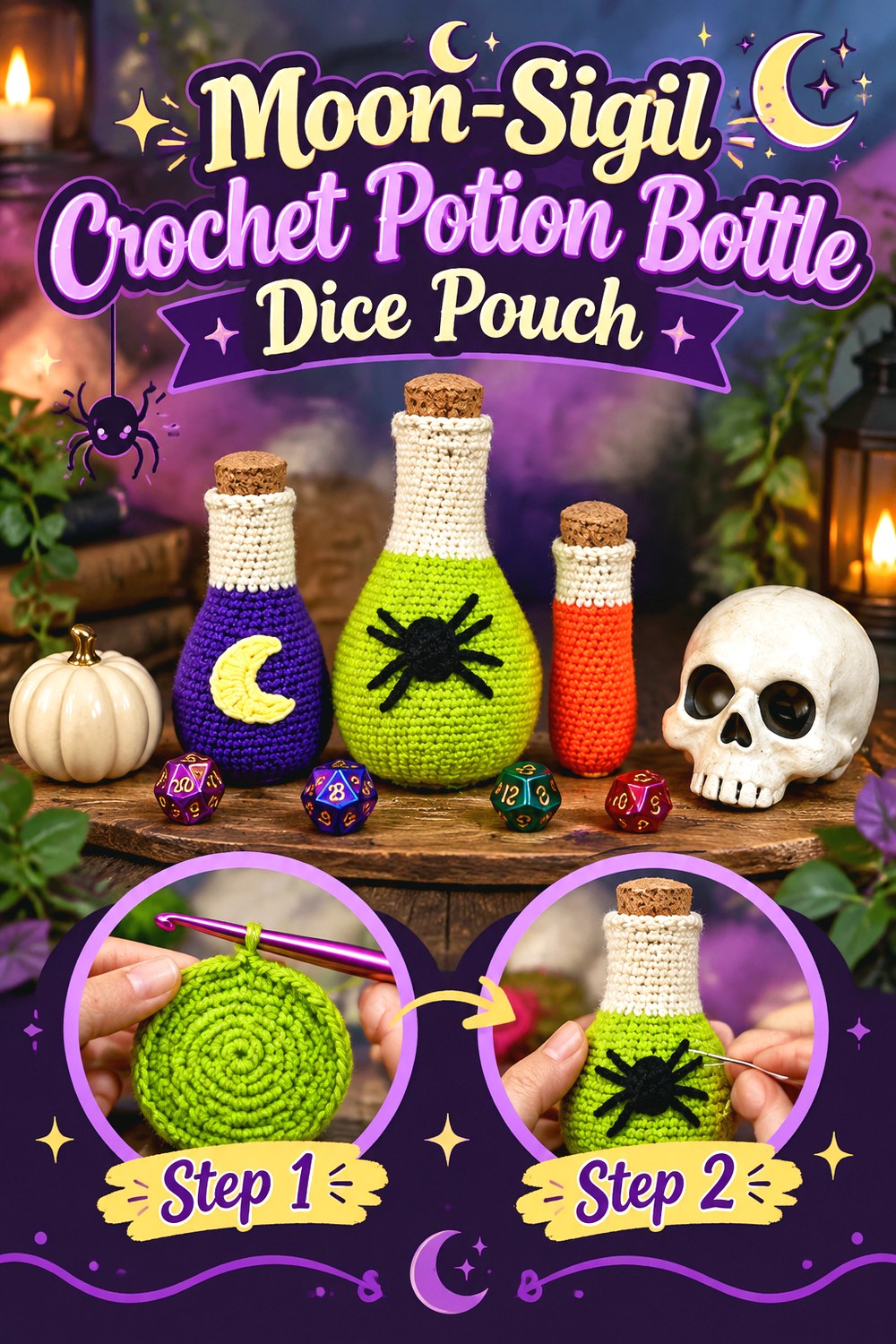 Moon Sigil Crochet Potion Bottle Dice Pouch