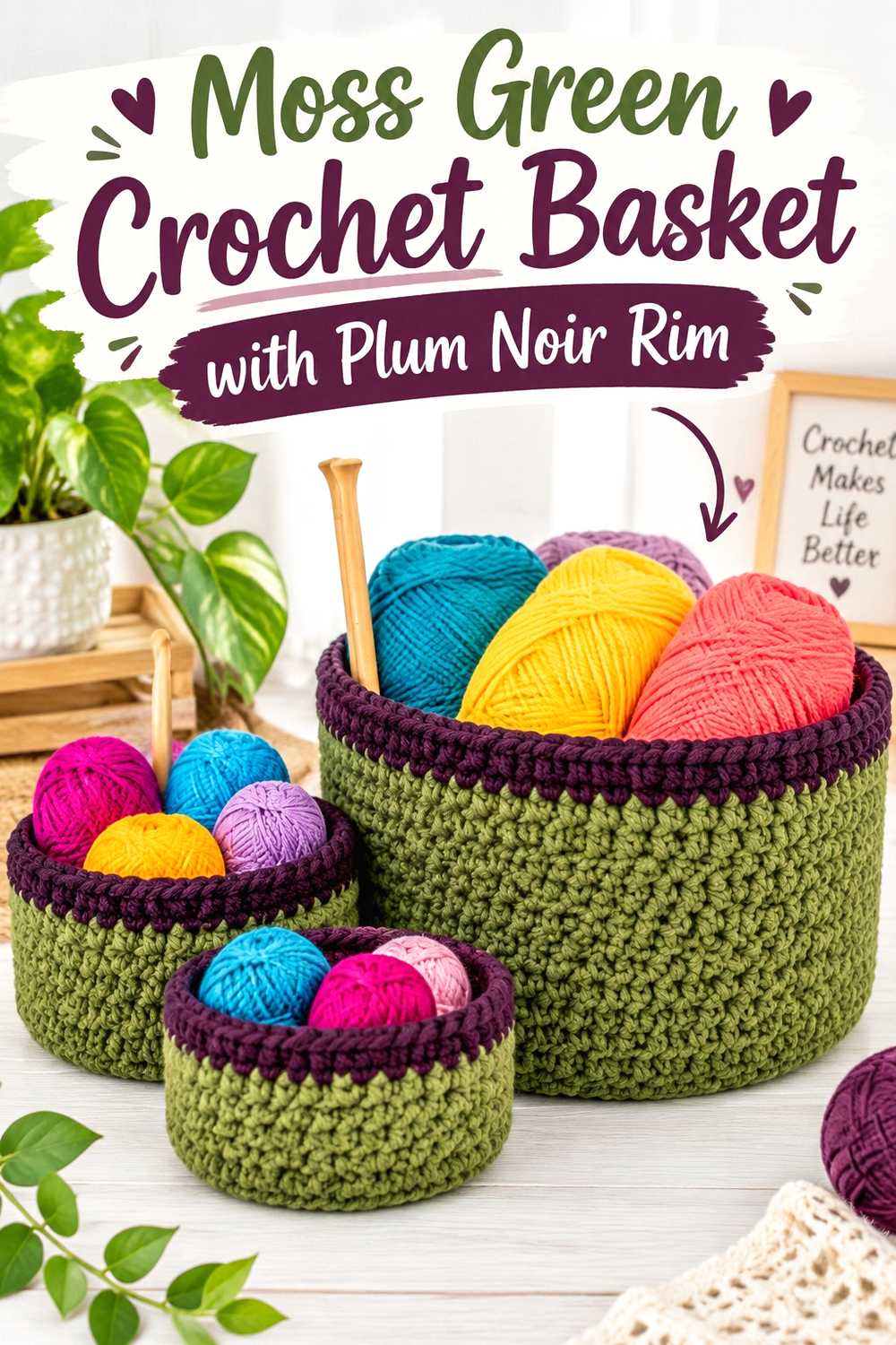 4. Moss Green Crochet Basket With Plum Noir Rim