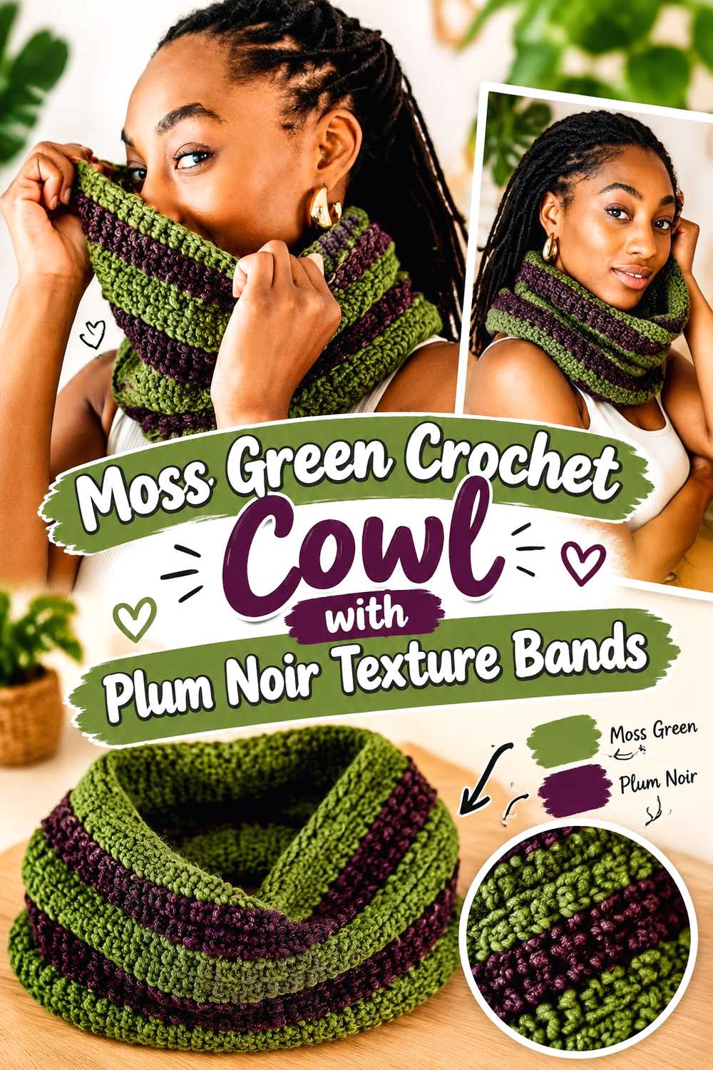 6. Moss Green Crochet Cowl With Plum Noir Texture Bands