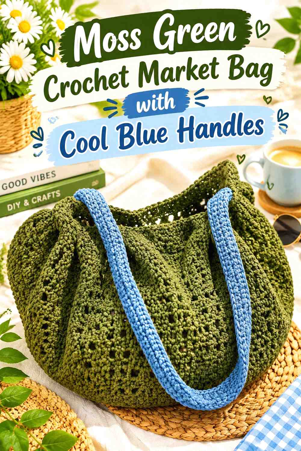 13. Moss Green Crochet Market Bag With Cool Blue Handles