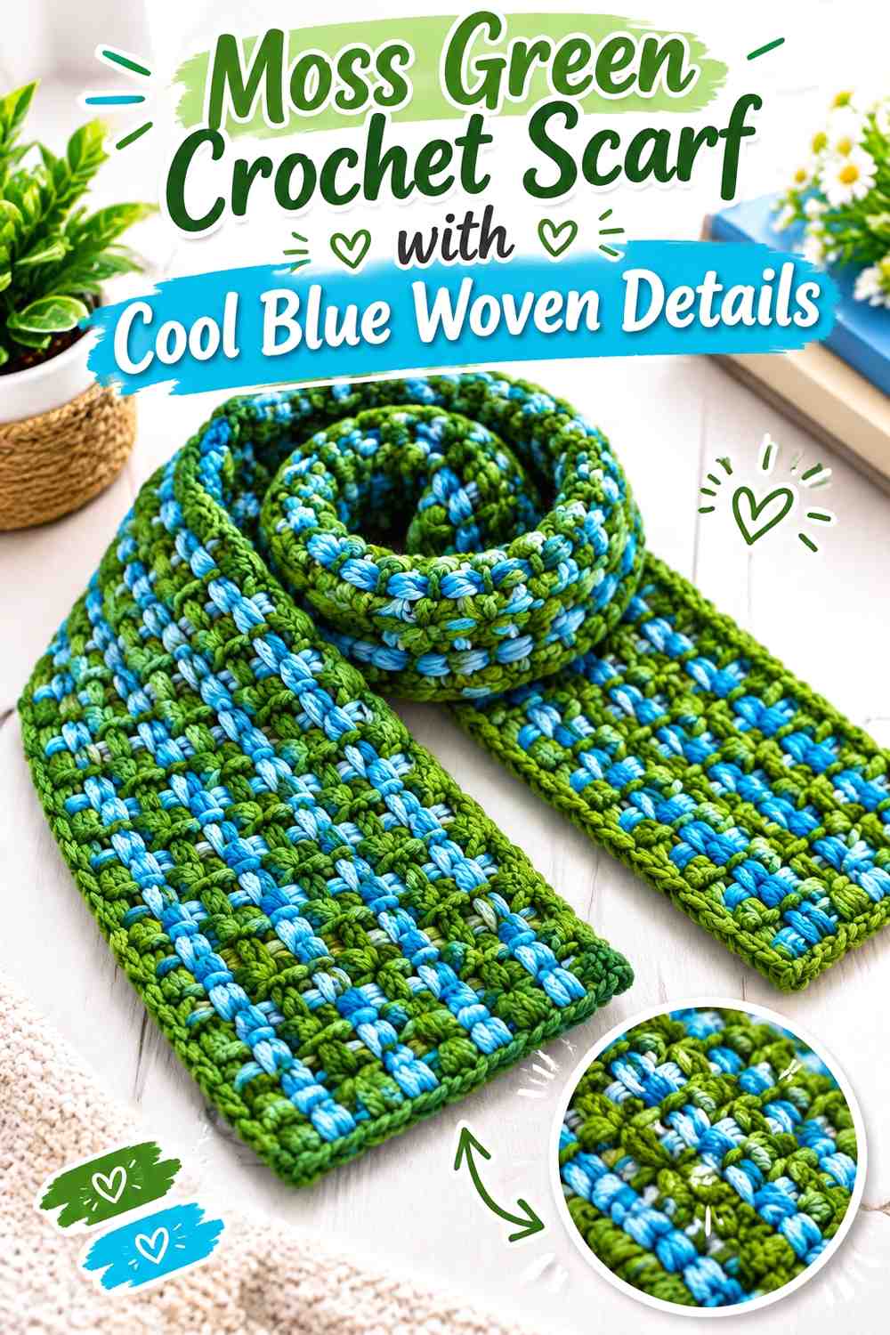 3. Moss Green Crochet Scarf With Cool Blue Woven Details