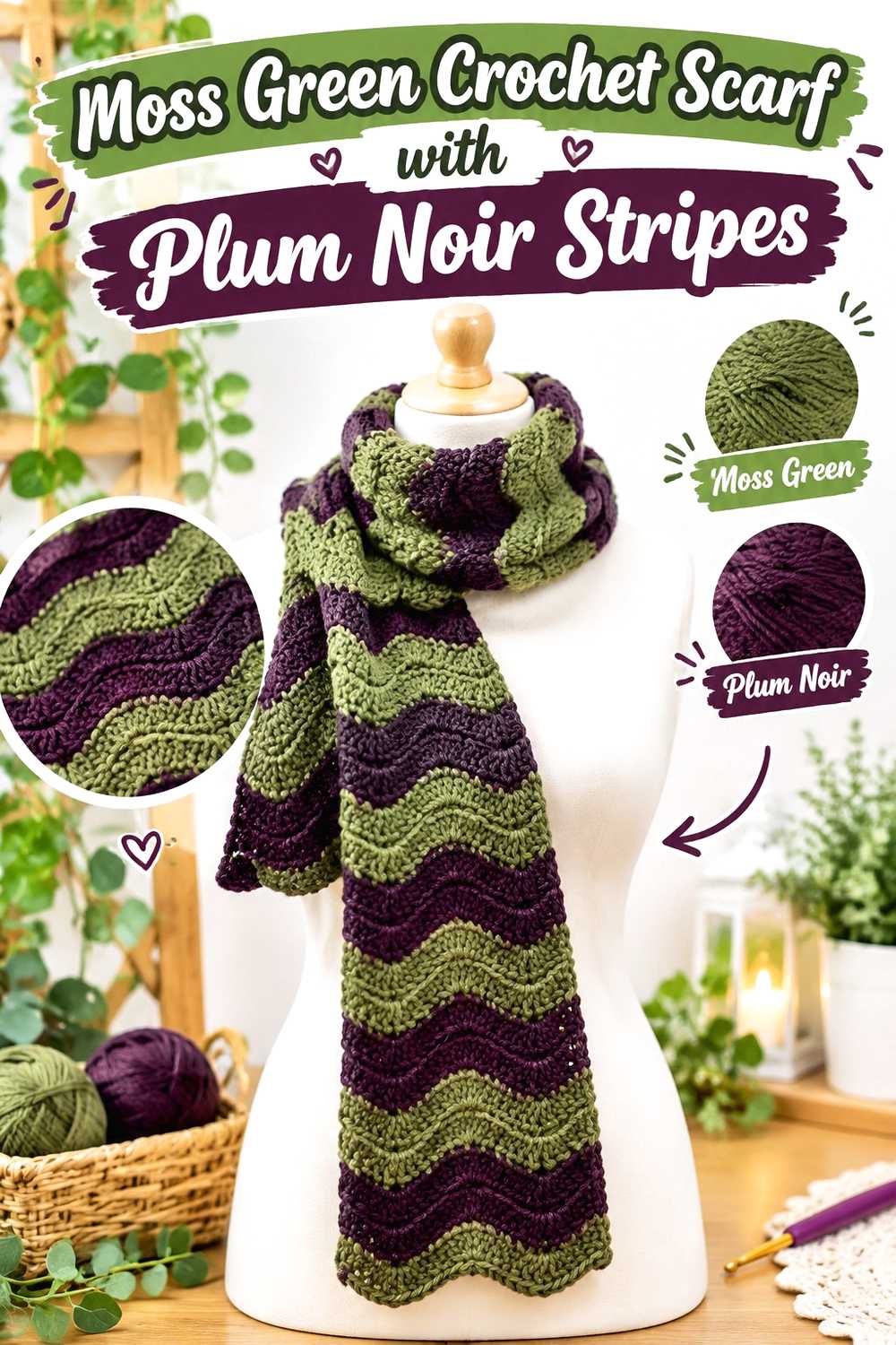 8. Moss Green Crochet Scarf With Plum Noir Stripes