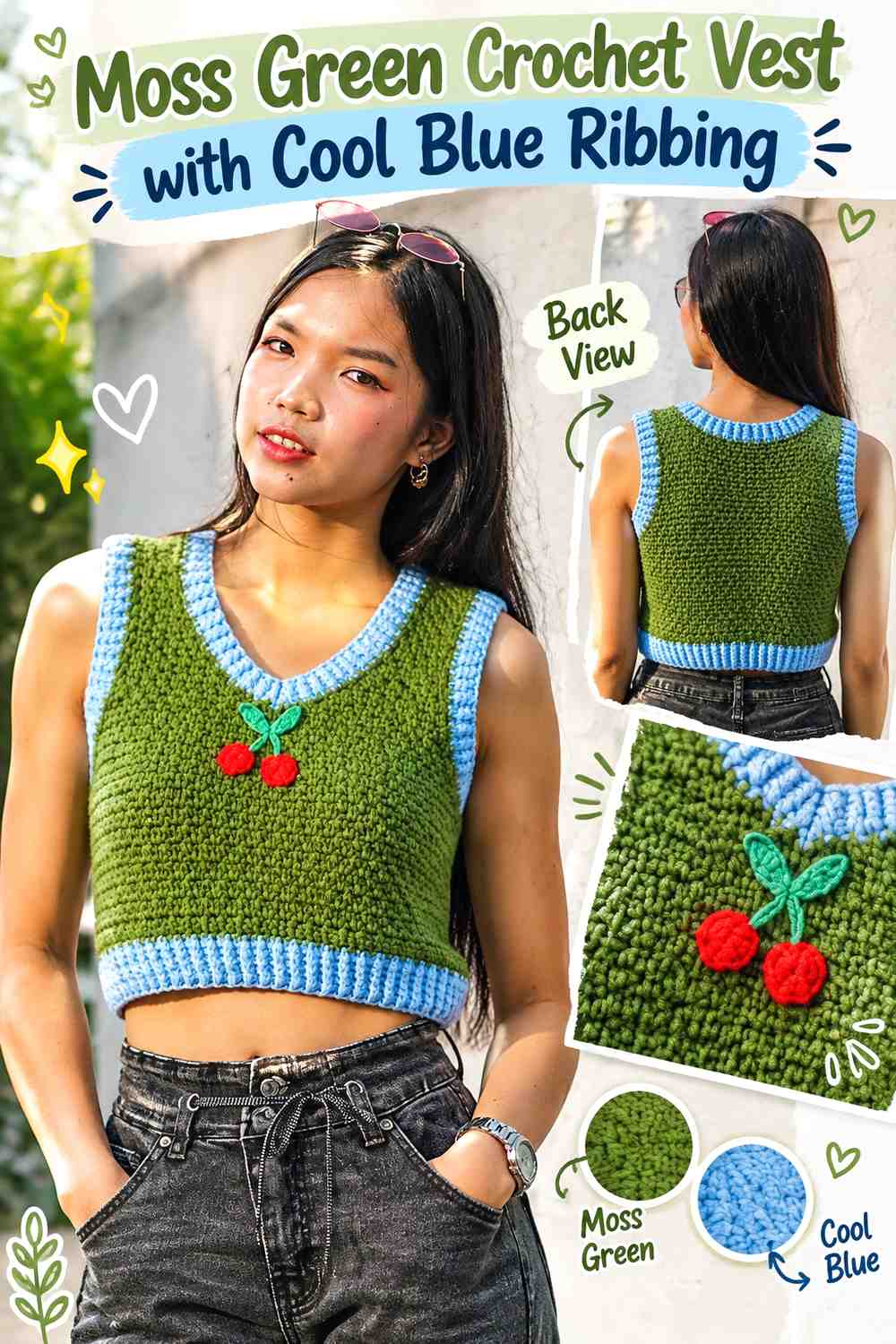 11. Moss Green Crochet Vest With Cool Blue Ribbing