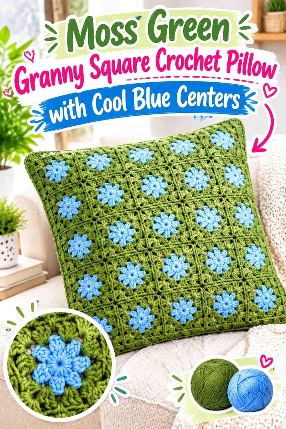 18. Moss Green Granny Square Crochet Pillow With Cool Blue Centers