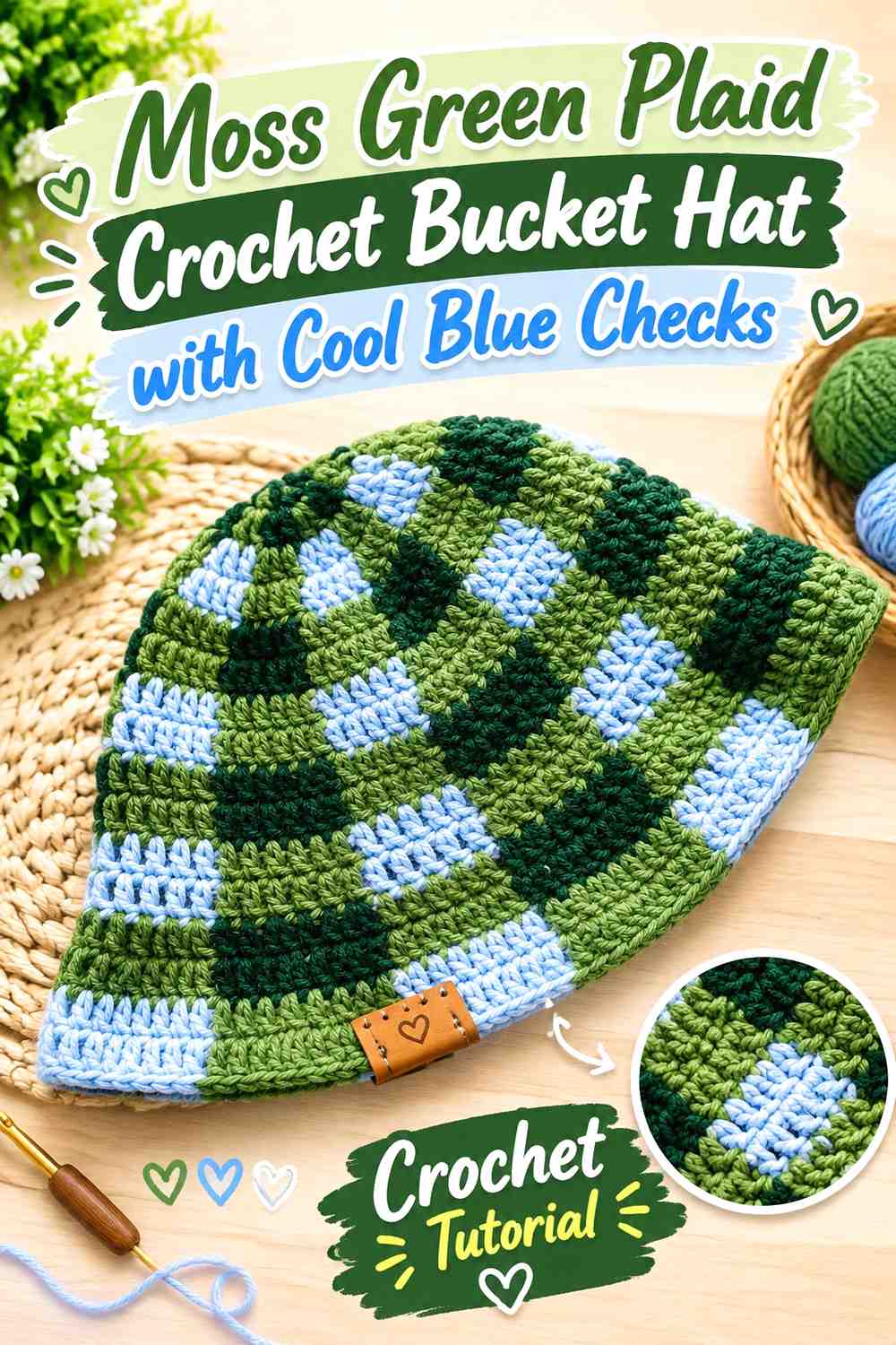 8. Moss Green Plaid Crochet Bucket Hat With Cool Blue Checks