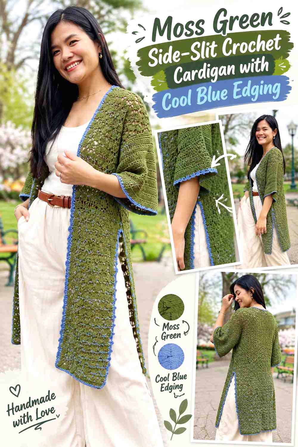 20. Moss Green Side Slit Crochet Cardigan With Cool Blue Edging