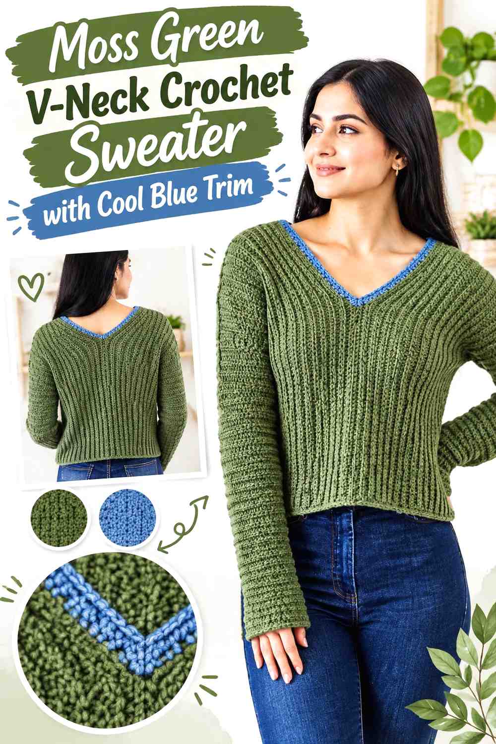 5. Moss Green V Neck Crochet Sweater With Cool Blue Trim
