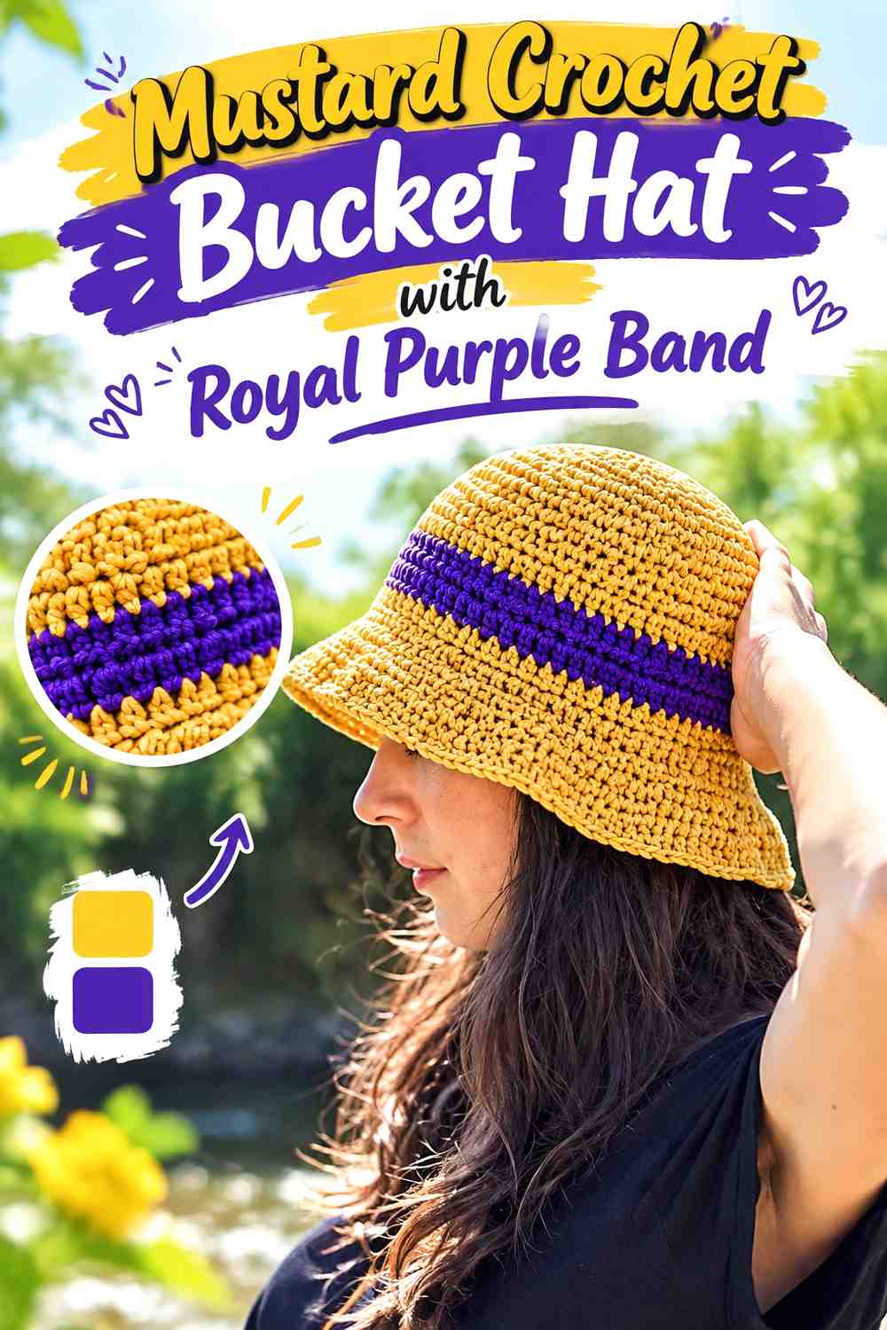 7. Mustard Crochet Bucket Hat With Royal Purple Band