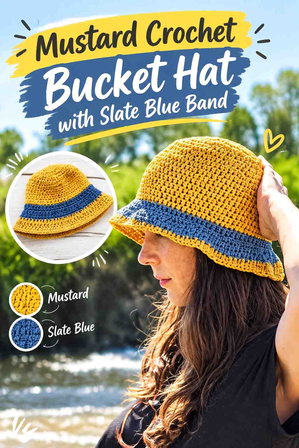 7. Mustard Crochet Bucket Hat With Slate Blue Band