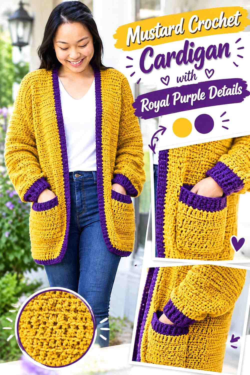 2. Mustard Crochet Cardigan With Royal Purple Details