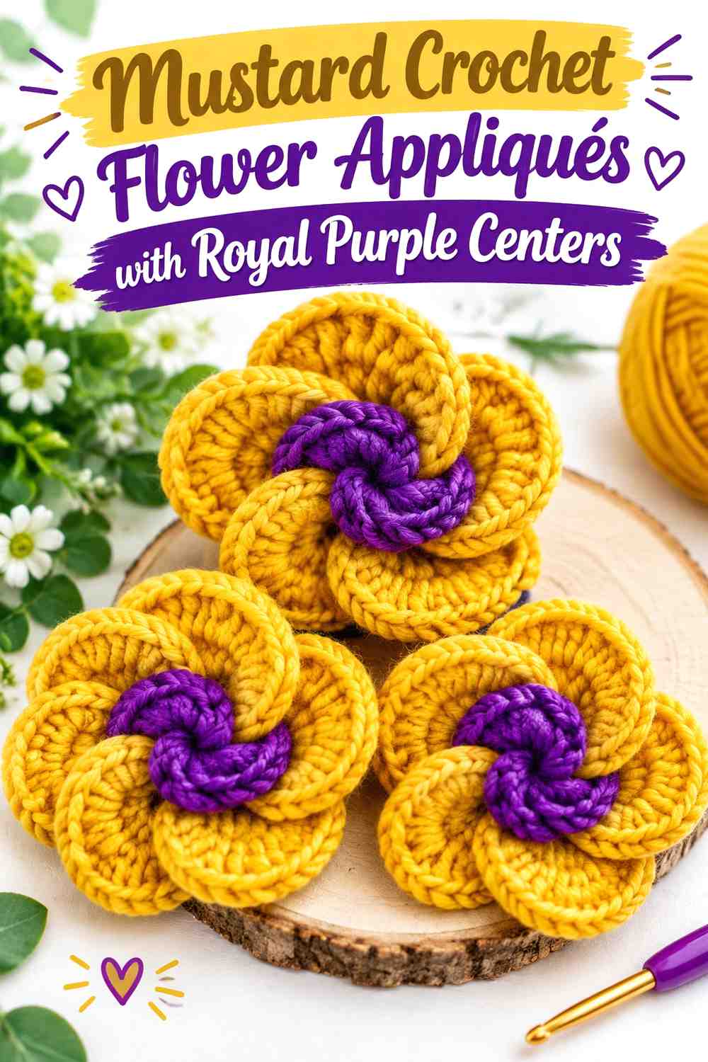 10. Mustard Crochet Flower Appliques With Royal Purple Centers