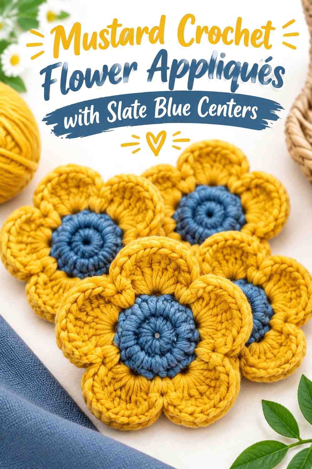 10. Mustard Crochet Flower Appliques With Slate Blue Centers