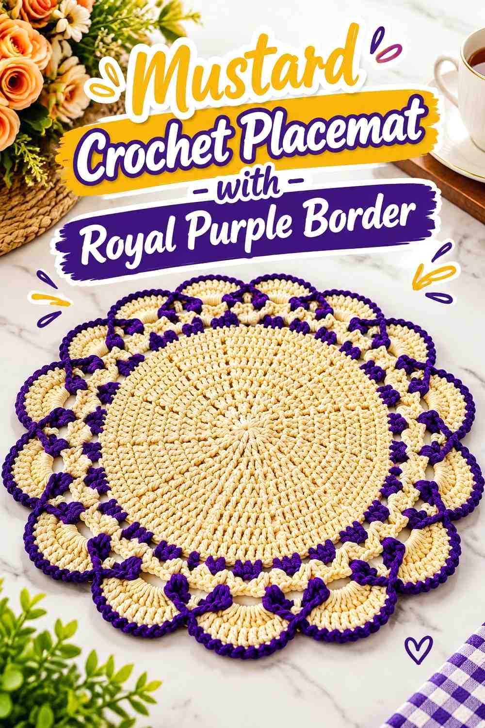 18. Mustard Crochet Placemat With Royal Purple Border