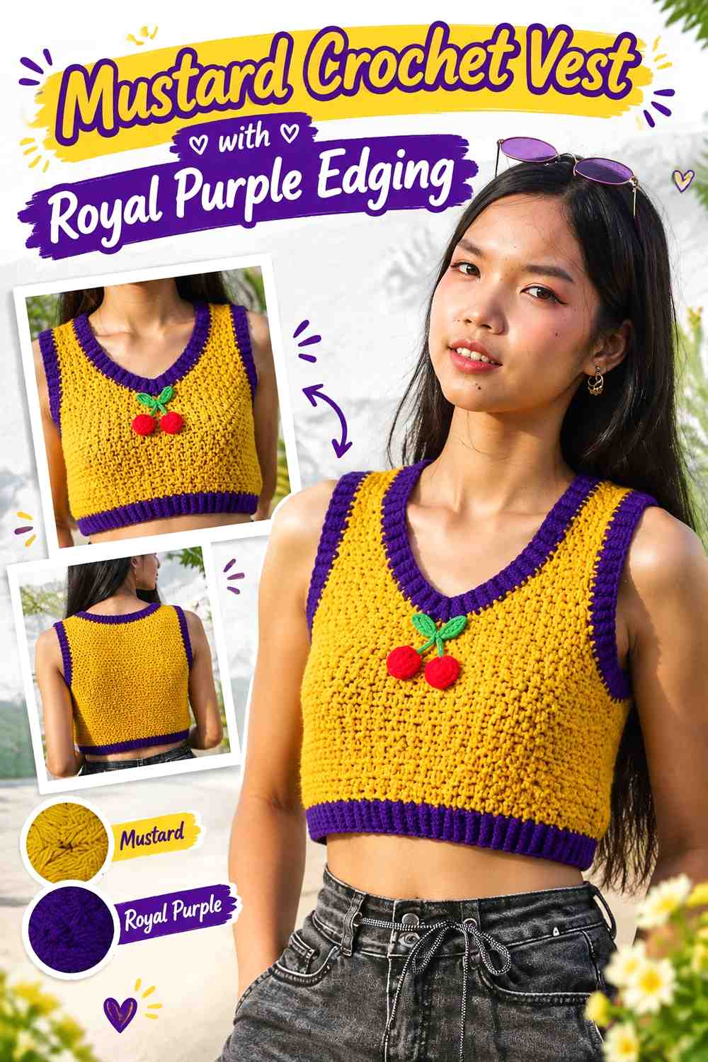 8. Mustard Crochet Vest With Royal Purple Edging