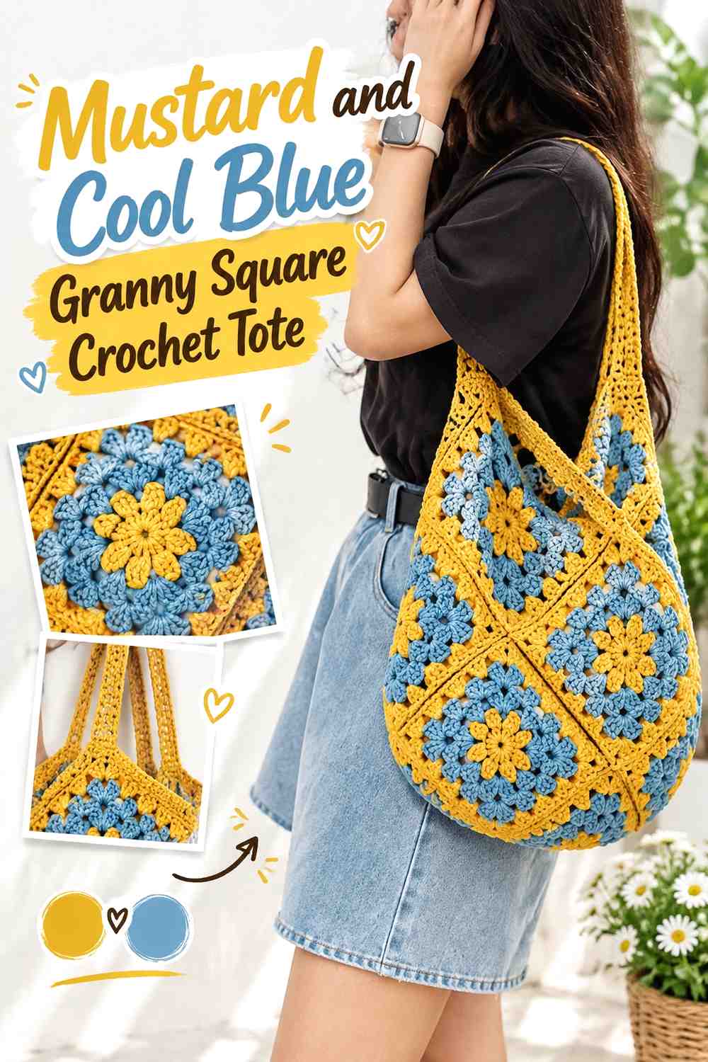 3. Mustard And Cool Blue Granny Square Crochet Tote