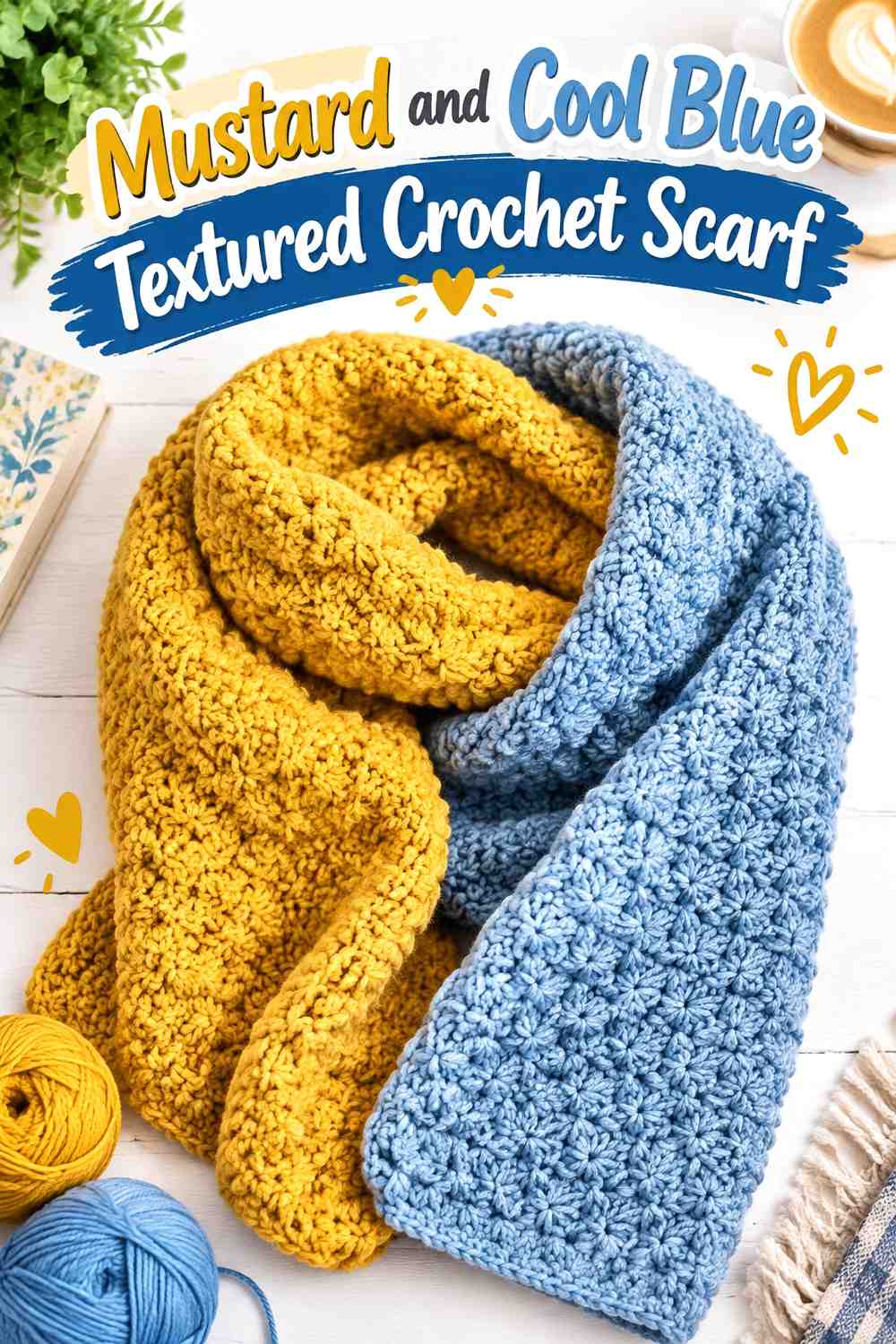 11. Mustard And Cool Blue Textured Crochet Scarf