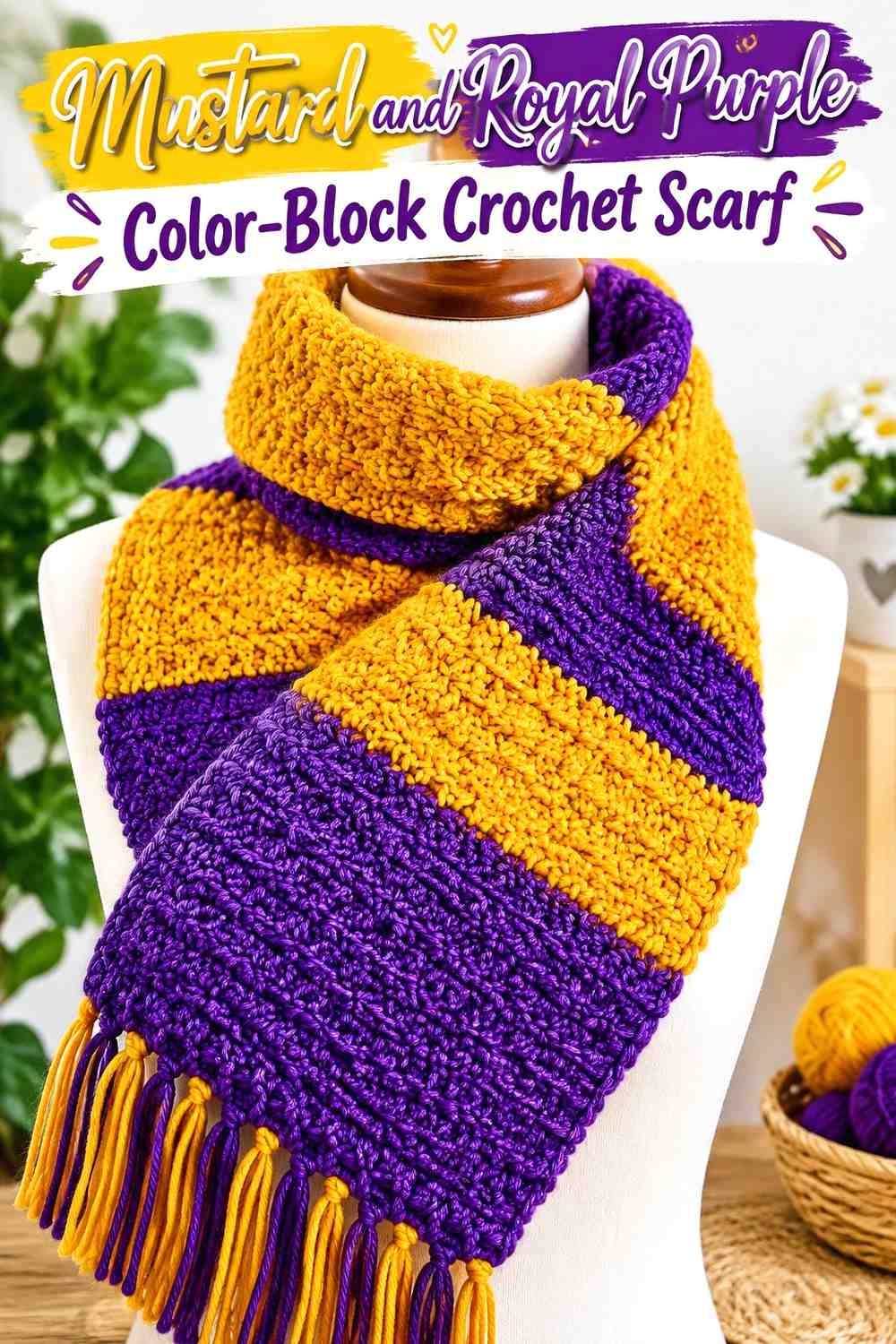 5. Mustard And Royal Purple Color Block Crochet Scarf