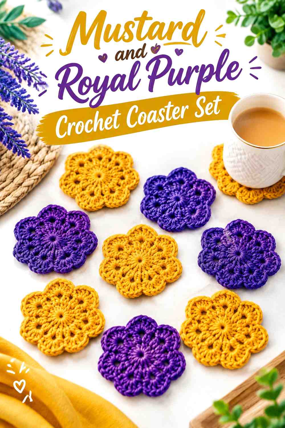 15. Mustard And Royal Purple Crochet Coaster Set