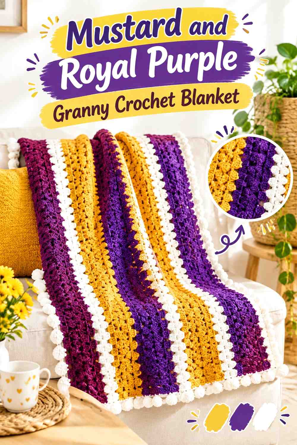 1. Mustard And Royal Purple Granny Crochet Blanket