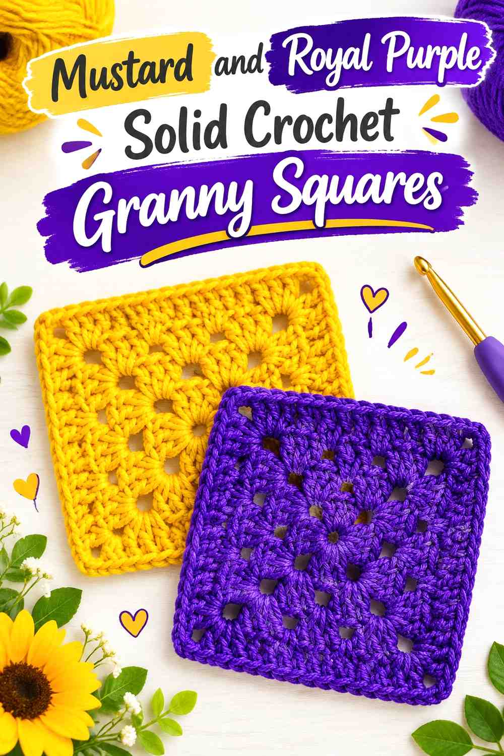9. Mustard And Royal Purple Solid Crochet Granny Squares