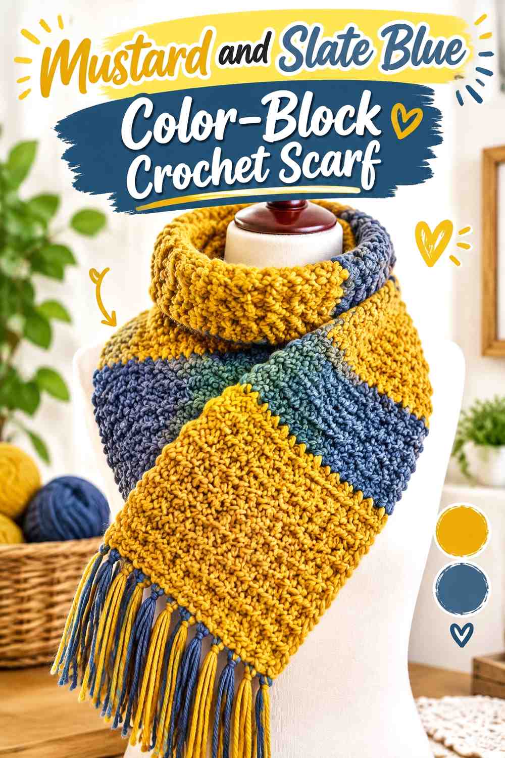 5. Mustard And Slate Blue Color Block Crochet Scarf