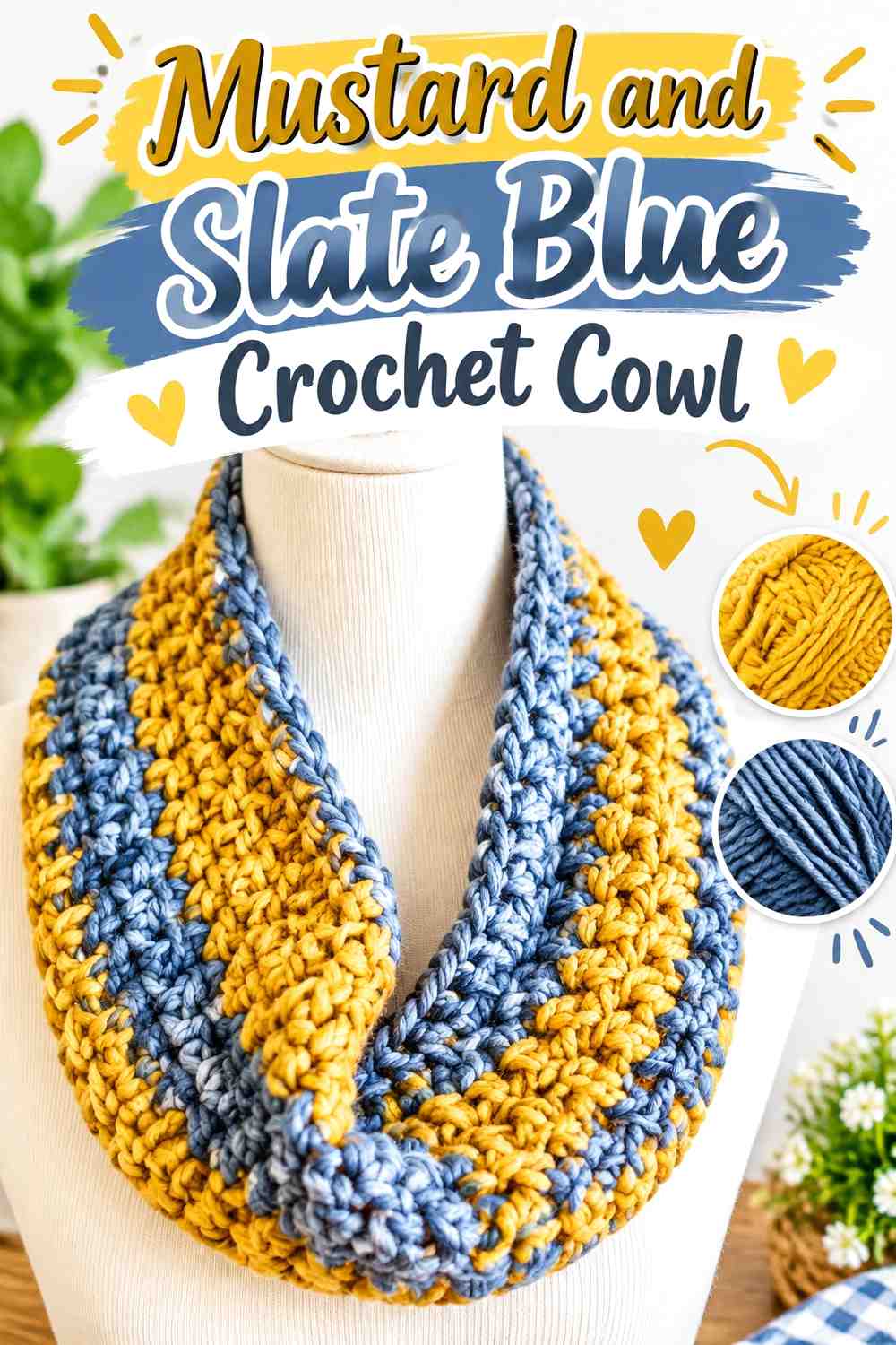 13. Mustard And Slate Blue Crochet Cowl