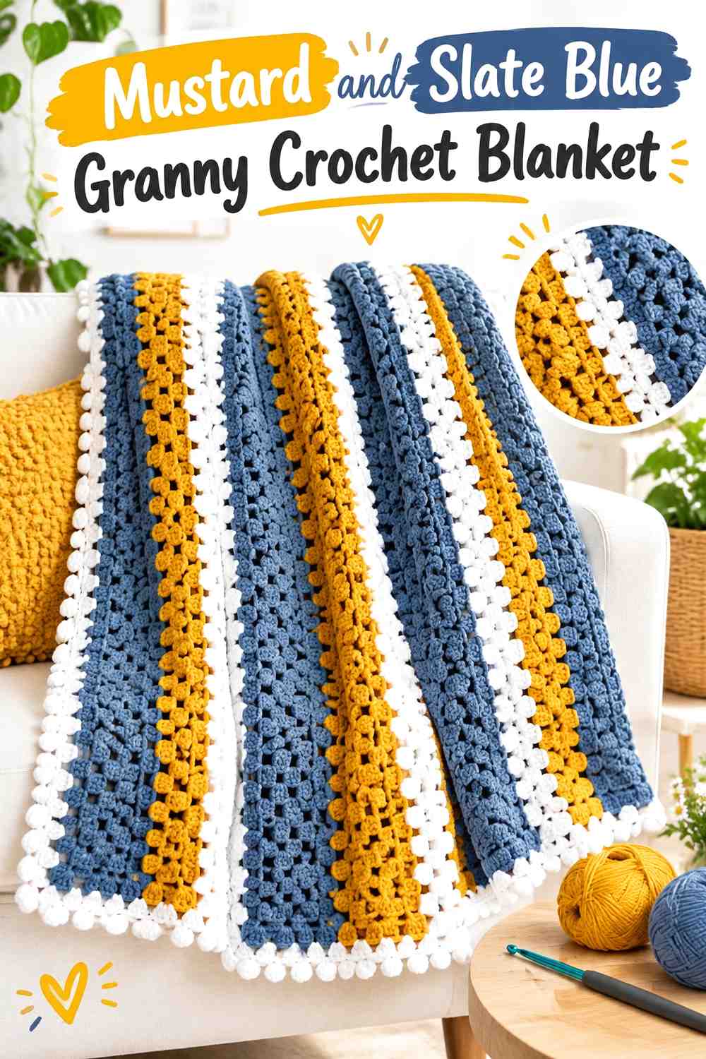 1. Mustard And Slate Blue Granny Crochet Blanket