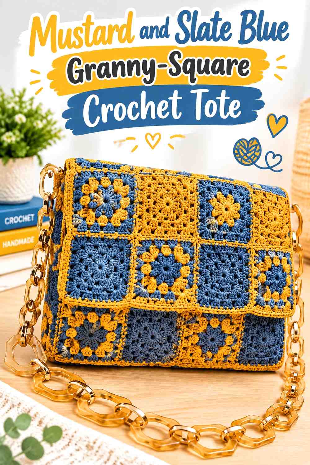 3. Mustard And Slate Blue Granny Square Crochet Tote