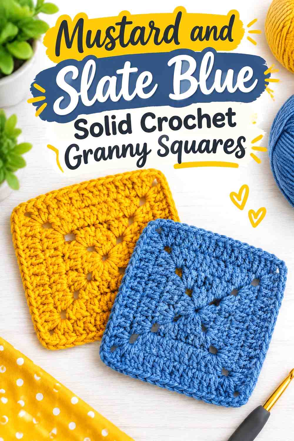 9. Mustard And Slate Blue Solid Crochet Granny Squares