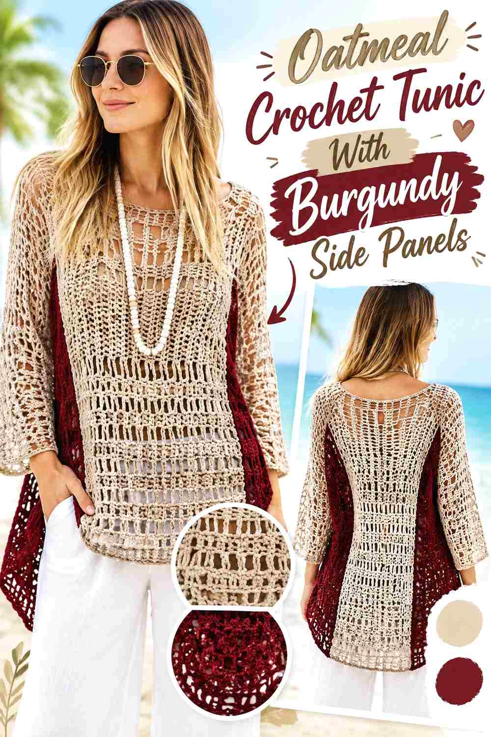 4. Oatmeal Crochet Tunic With Burgundy Side Panels
