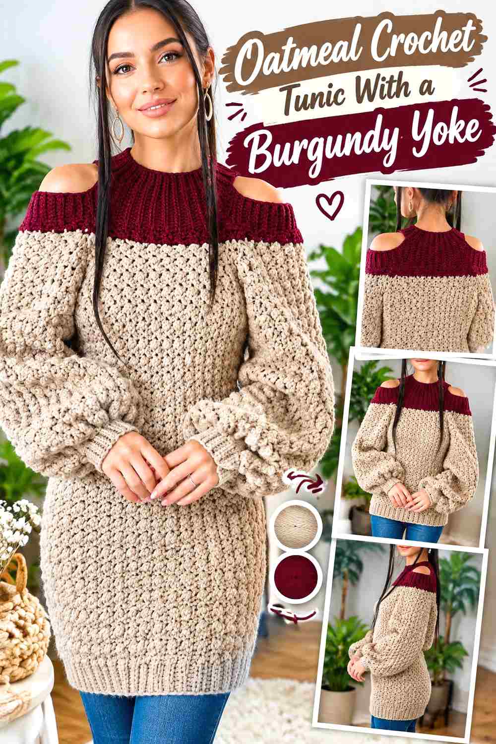 8. Oatmeal Crochet Tunic With A Burgundy Yoke