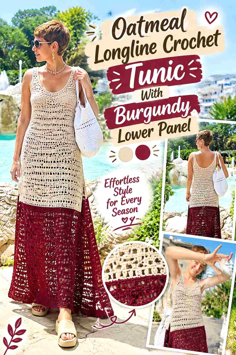 10. Oatmeal Longline Crochet Tunic With Burgundy Lower Panel