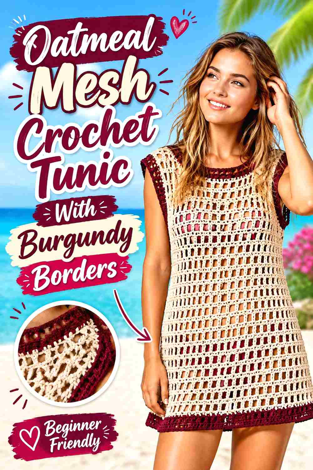 2. Oatmeal Mesh Crochet Tunic With Burgundy Borders