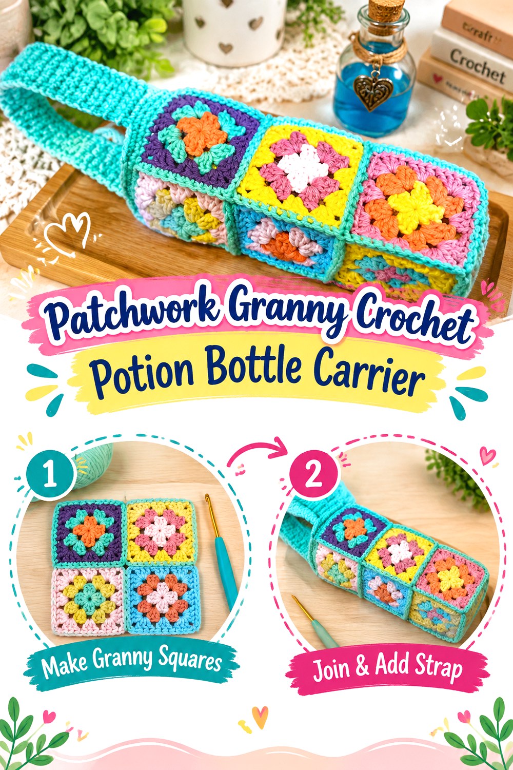 Patchwork Granny Crochet Potion Bottle Carrier